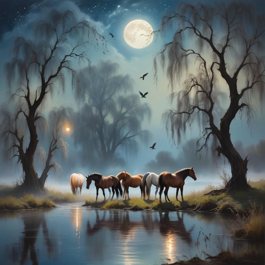 Dreamlike Nocturnal River Landscape in Ethereal Oil Painting
