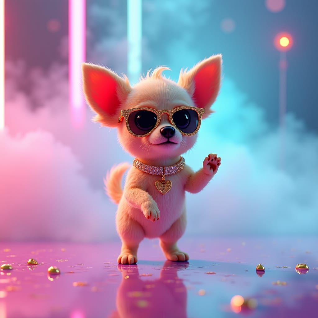 Dancing Chihuahua in Dreamlike Cyberpunk Setting