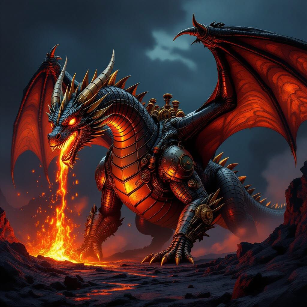Steampunk Dragon Emerges from Volcanic Caldera