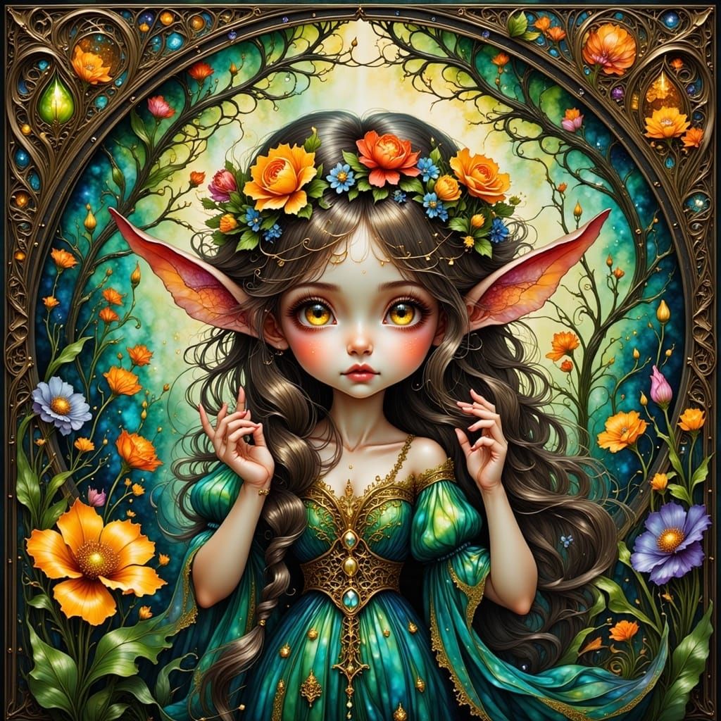 Gothic Pixie Vanitas Portrait in Art Nouveau Style