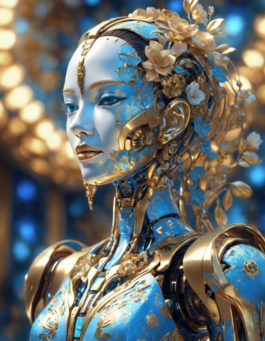 Porcelain Robot with Golden Articulations in Digital Art