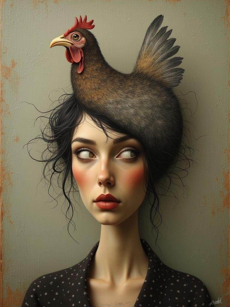 Whimsical Woman with Chicken in Hair