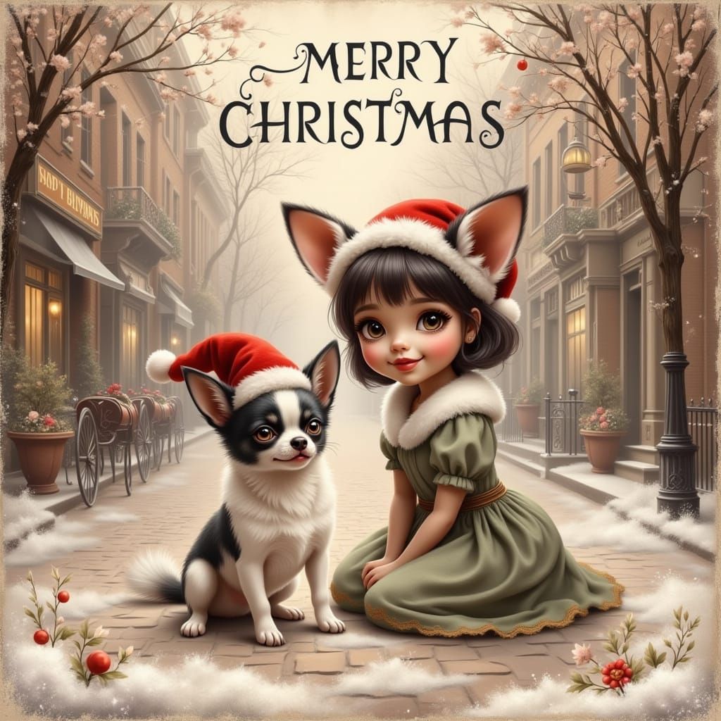 Vintage Christmas Card: Doll and Chihuahua on Victorian Stre...