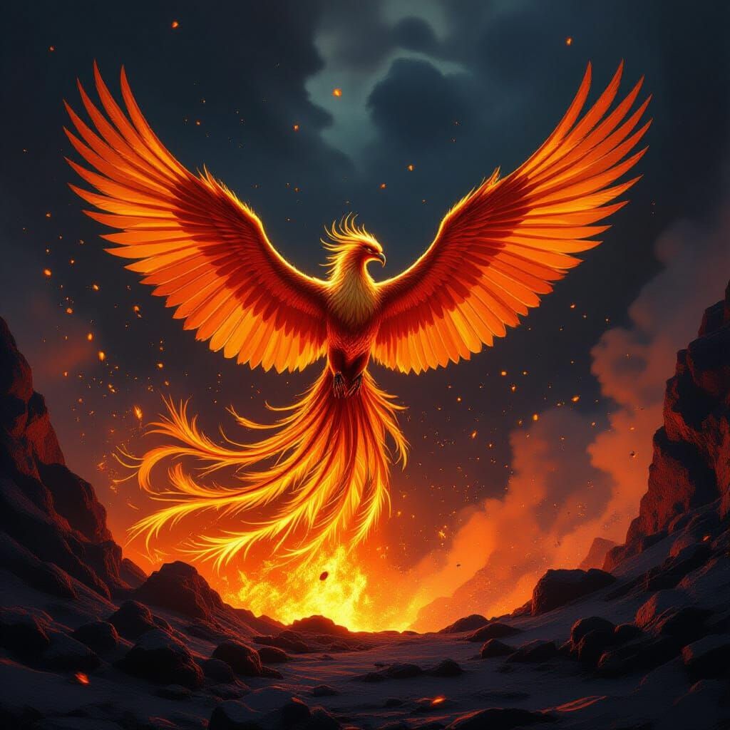 Majestic Phoenix Erupts From Molten Gold Crater