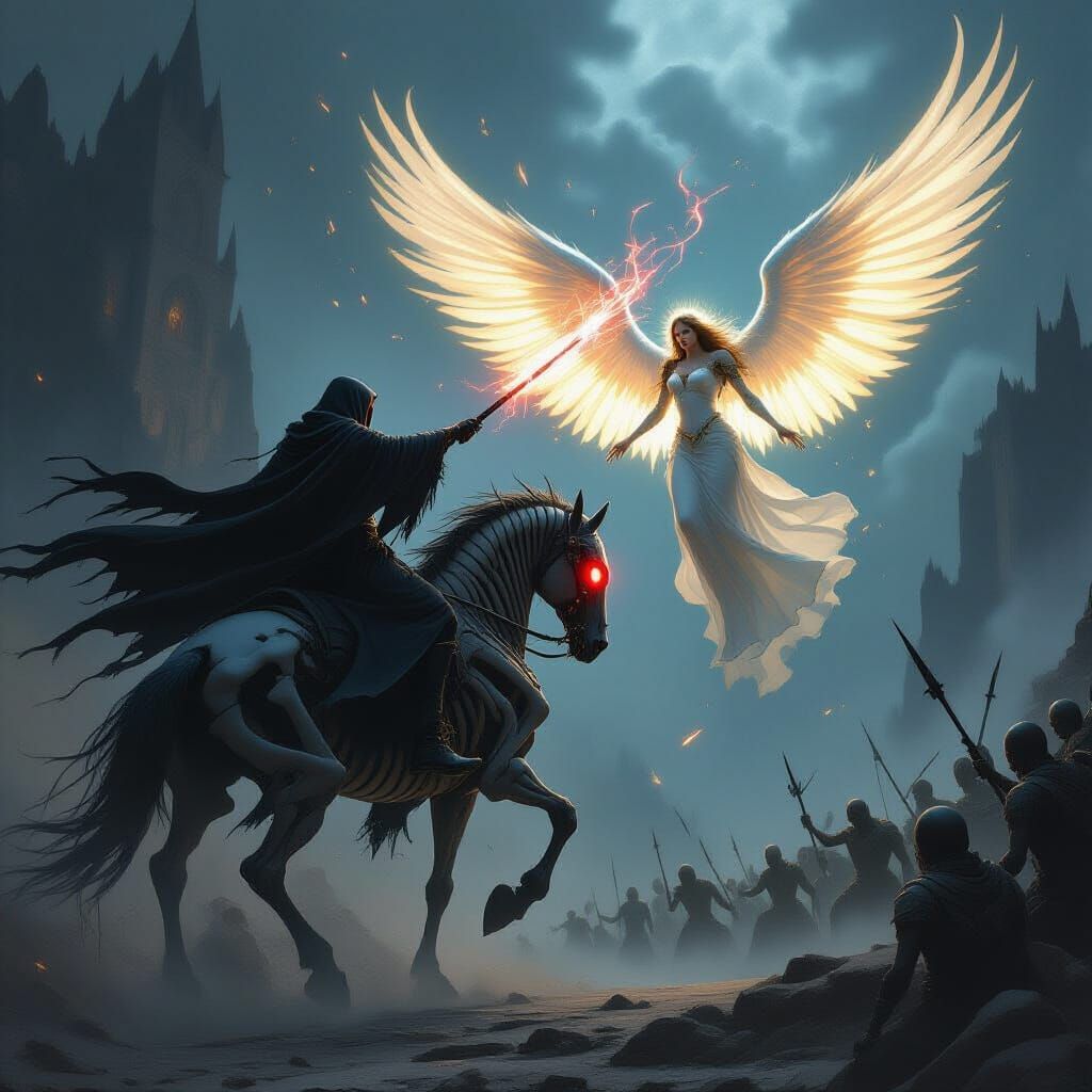 Epic Necromancer Angel Battle in Dark Fantasy Style