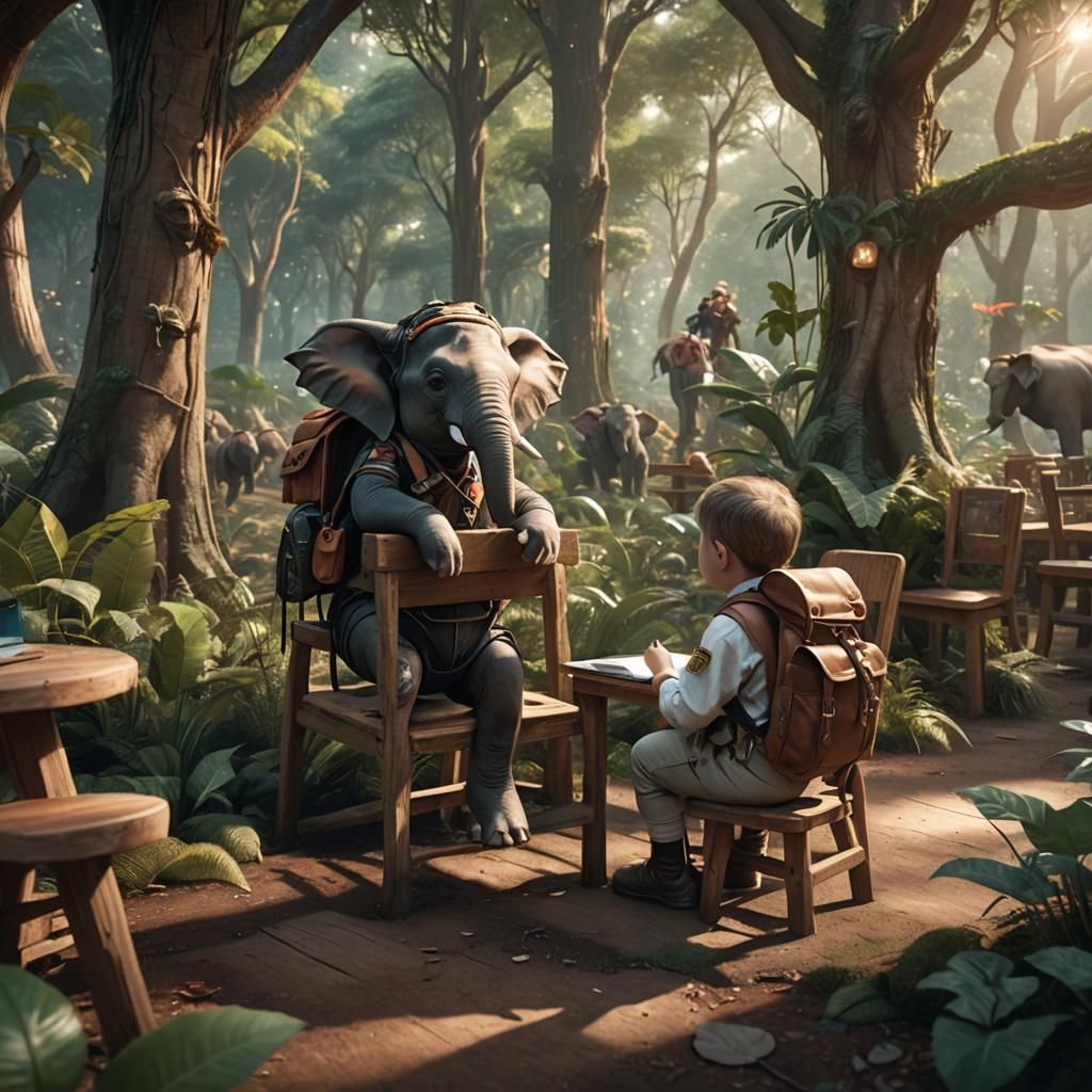 Magical Forest Classroom with Elephant and Cow Students
