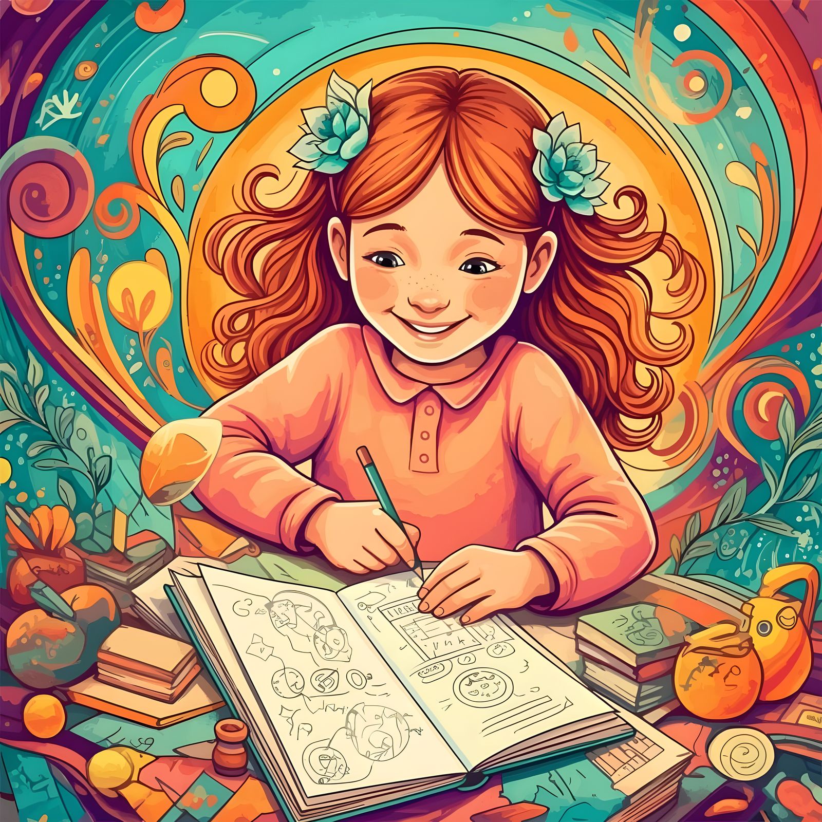 Whimsical Girl's Language Game in Abstract Art Style