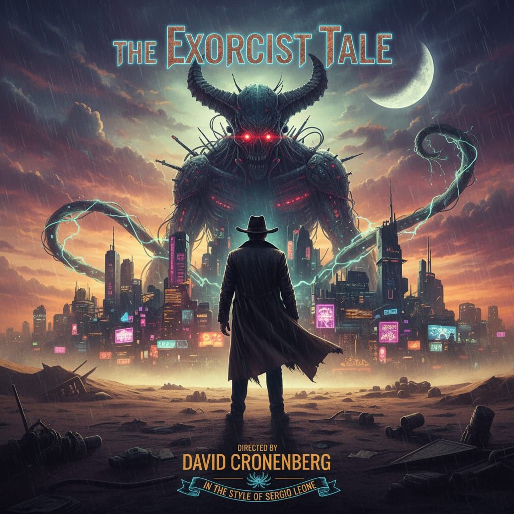 Cyberpunk Horror Movie Poster in Sergio Leone Style