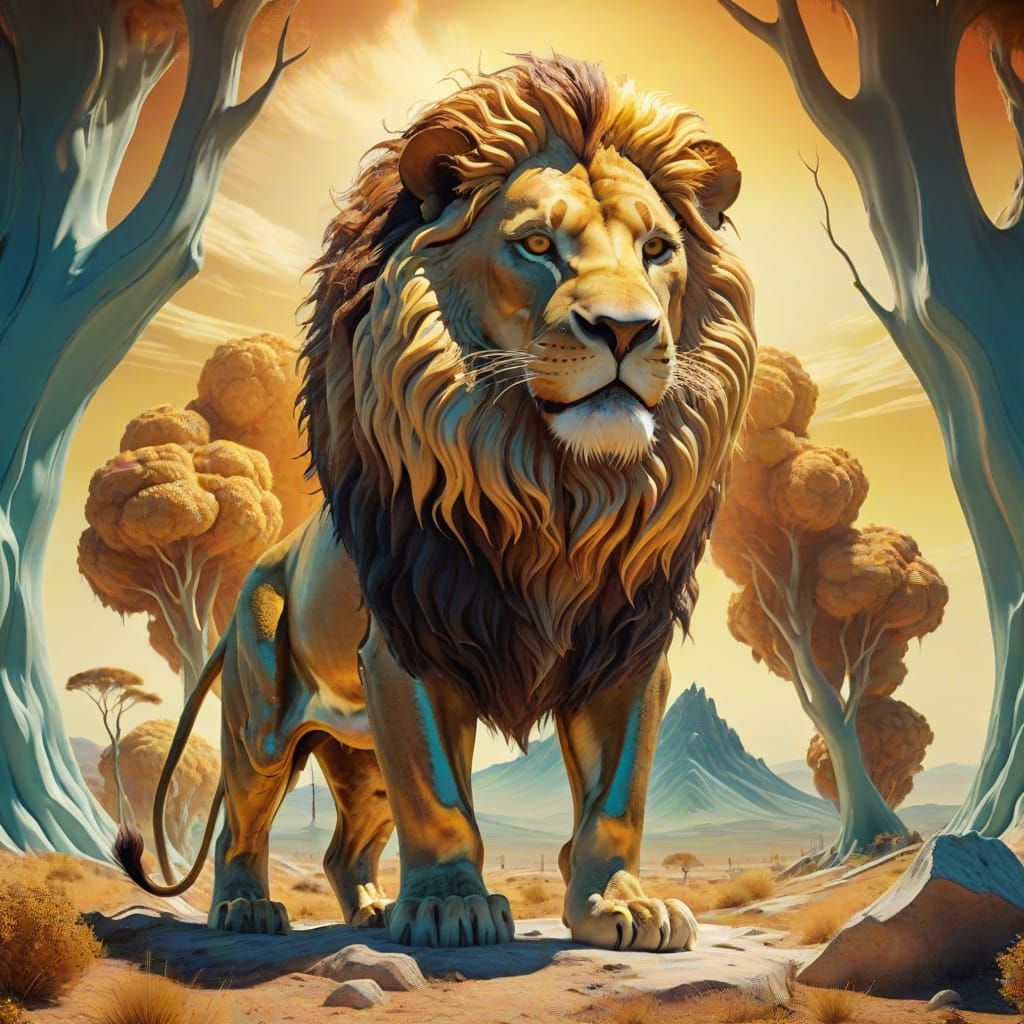 Surreal Melting Lion in Dreamlike Landscape