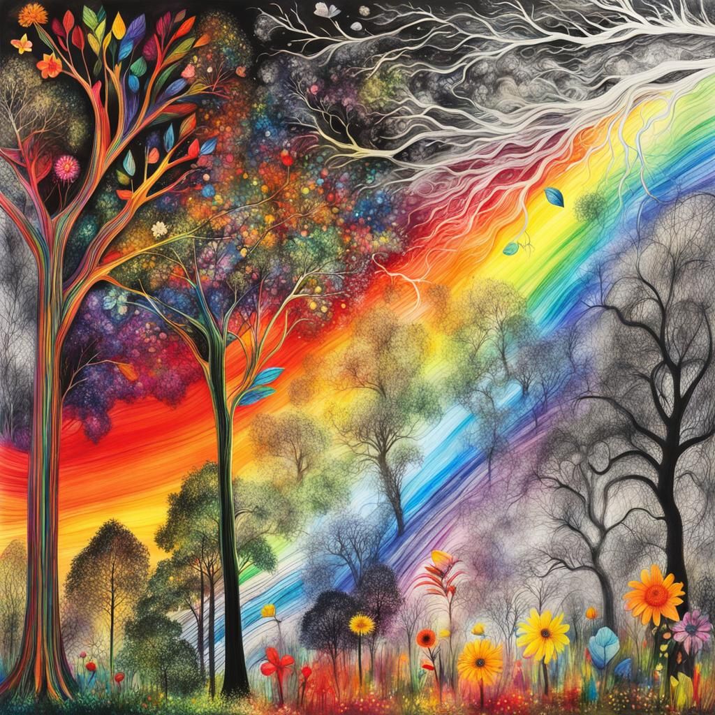 Enchanted forest, trees, flowers,  Kids Crayon drawings ,surreal child's drawing , rayograph ,collection of random b&W o...