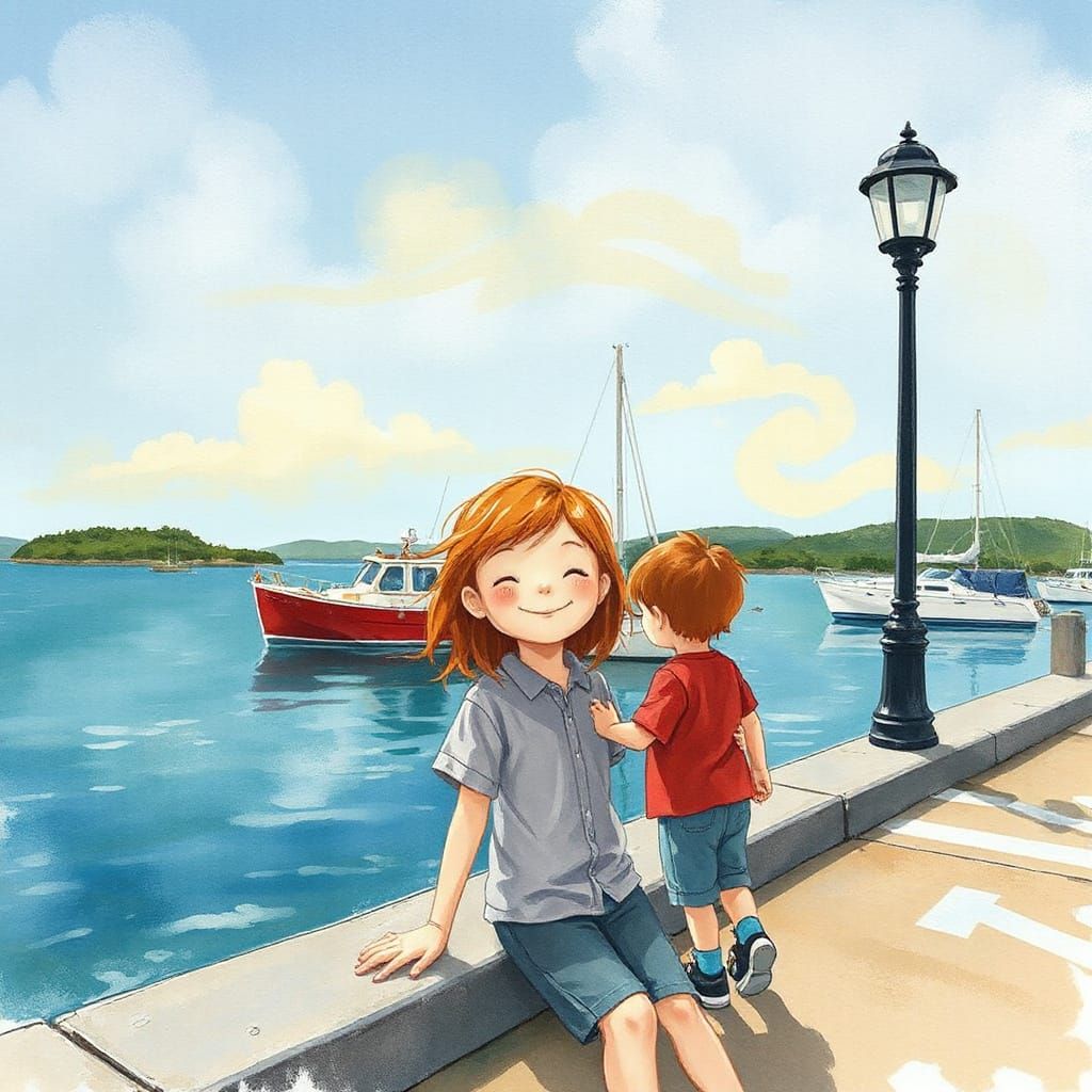 Happy Redhead Girl at Calming Harbor: Kidcore Watercolor