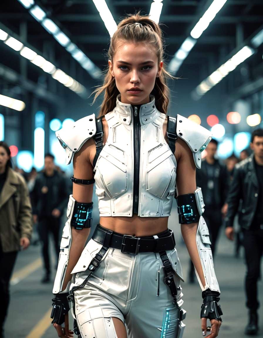 Cyberpunk Fashion Model on Runway in Raw Photo