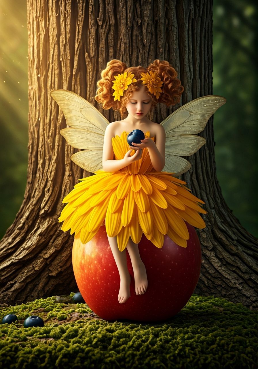Flower Fairy Savoring Blueberry in Enchanted Forest