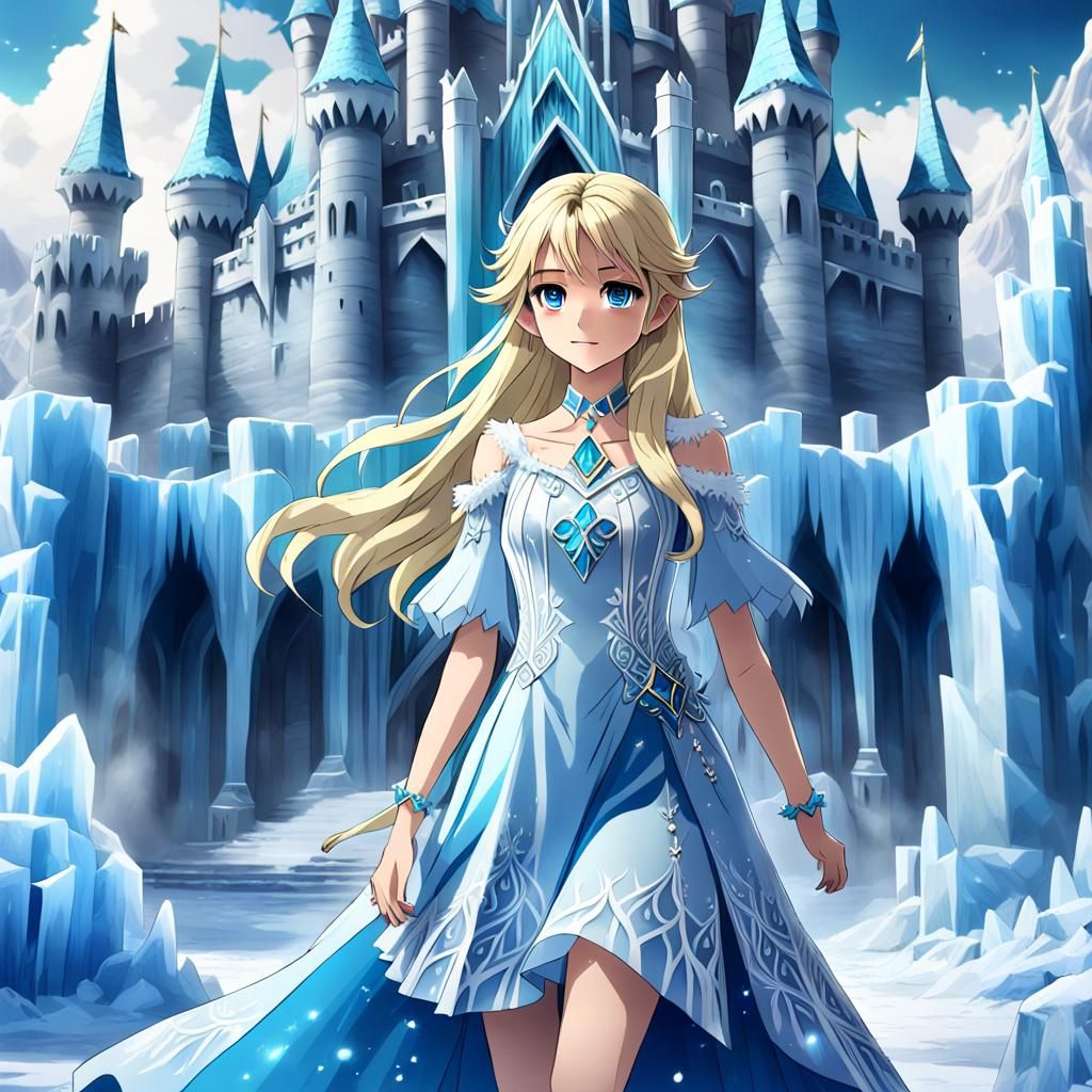 Anime Ice Empress in Front of Ice Castle
