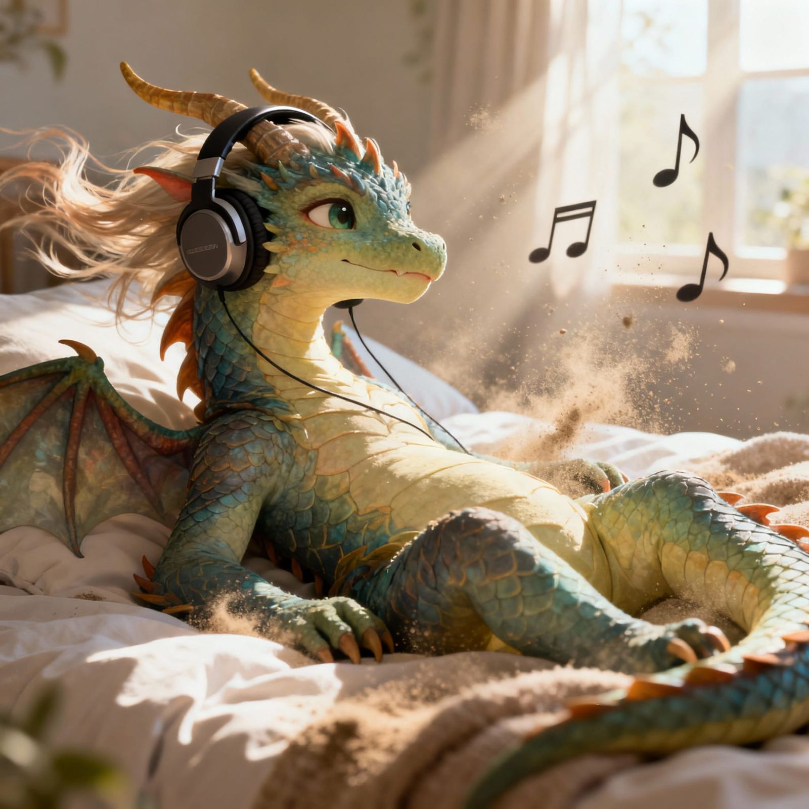 Cute Dragon Girl Relaxing on Bed with Headphones