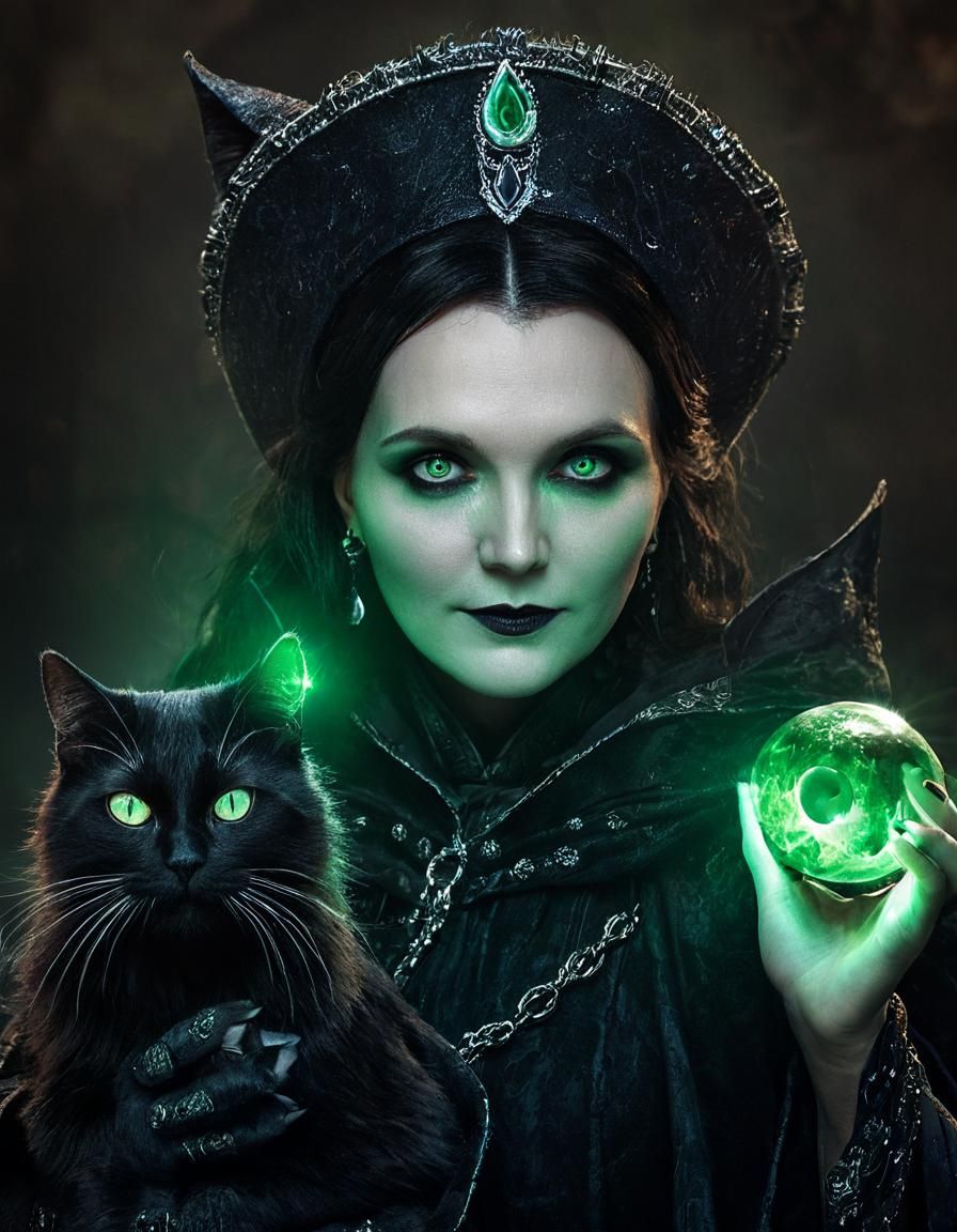 Evil Sorceress Portrait with Glowing-Eyed Cat