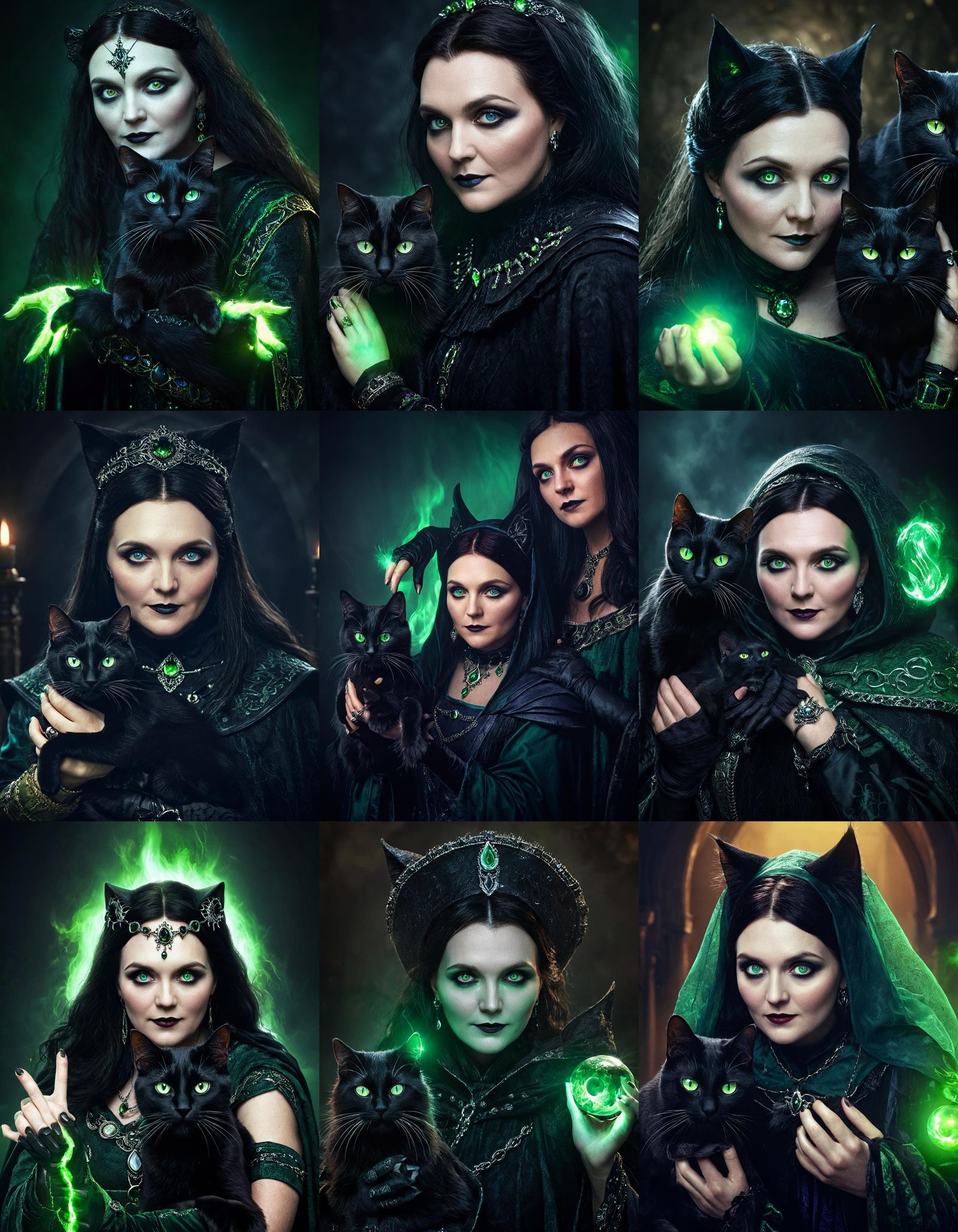 Evil Sorceress Portrait with Glowing-Eyed Cat