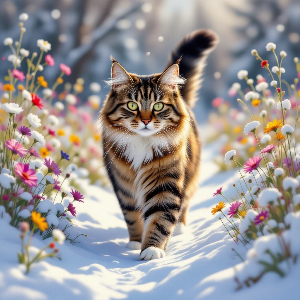 Majestic Tabby Cat in Snowy Wildflower Landscape