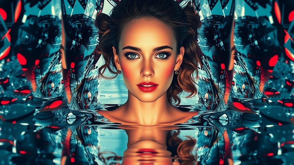 Pointillist Woman Emerging from Mirrored Liquid Wall