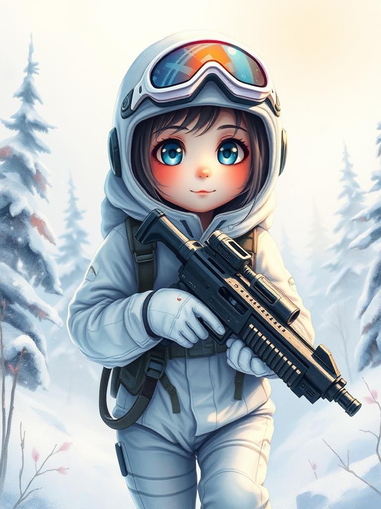 Anime Soldier in Snowy Forest, Watercolor Style