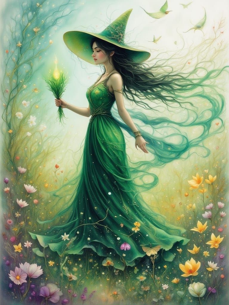 Spring Witch Performing Green Spell in Enchanted Meadow