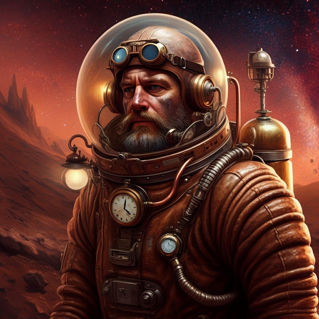 Steampunk Space Explorer in Crimson Planet Landscape