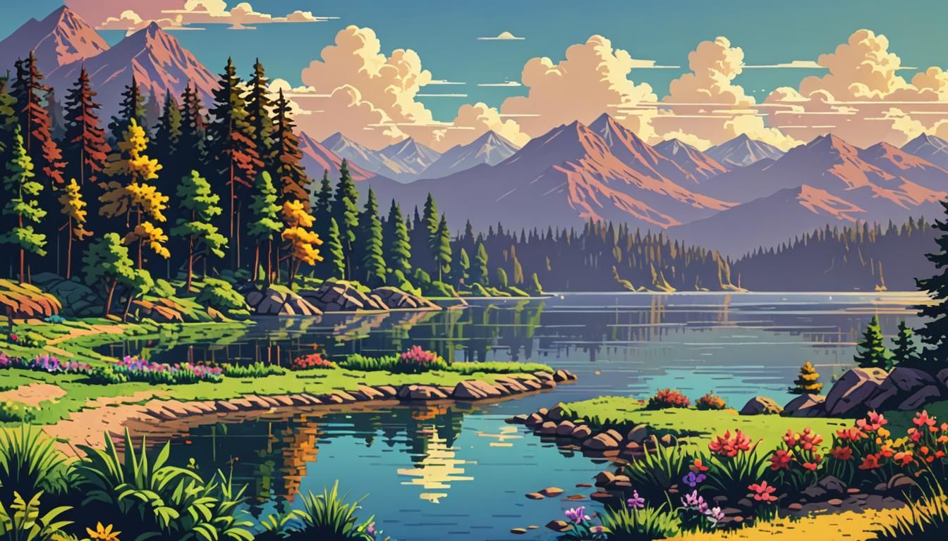 Sunny Lakeside Scene in Pixel Art Style