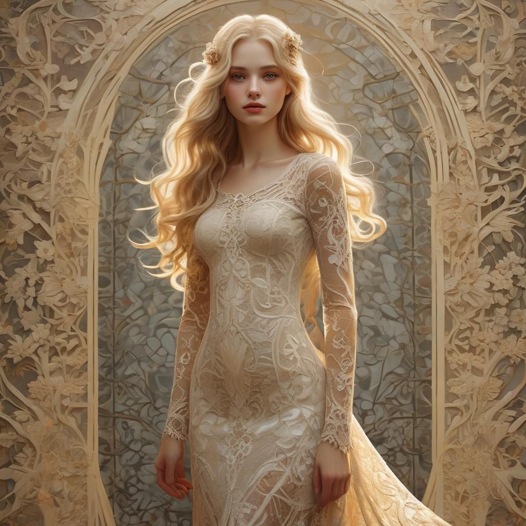 Art Nouveau Woman in Lace Dress Comic Art