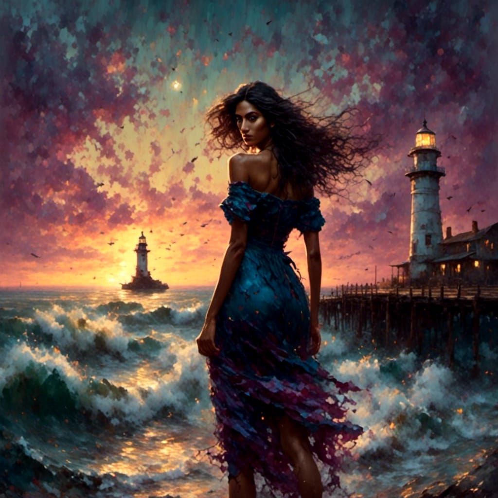 Twilight Cove Scene with Woman on Pier