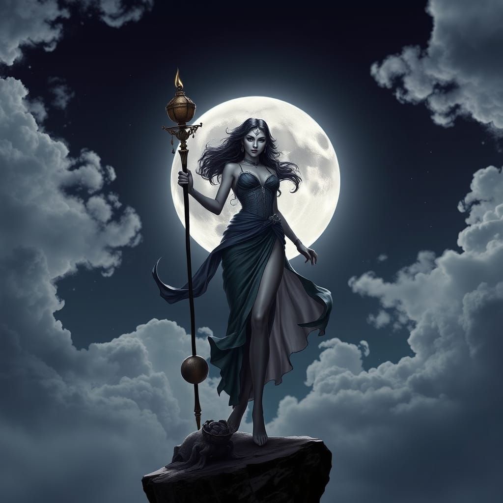 Lunar Goddess Emerges Under Starry Night Sky