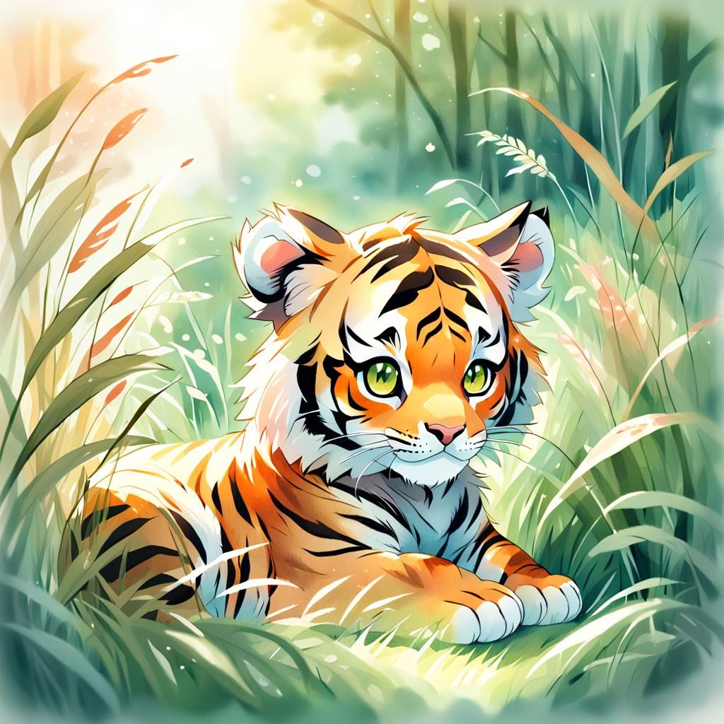 Anime Tiger Cub in Forest, Watercolor Art