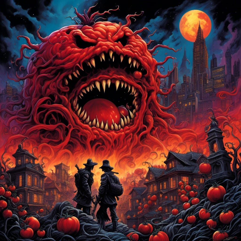 Grotesque Tomato Monster Terrorizes City in Dark Surreal Sty...