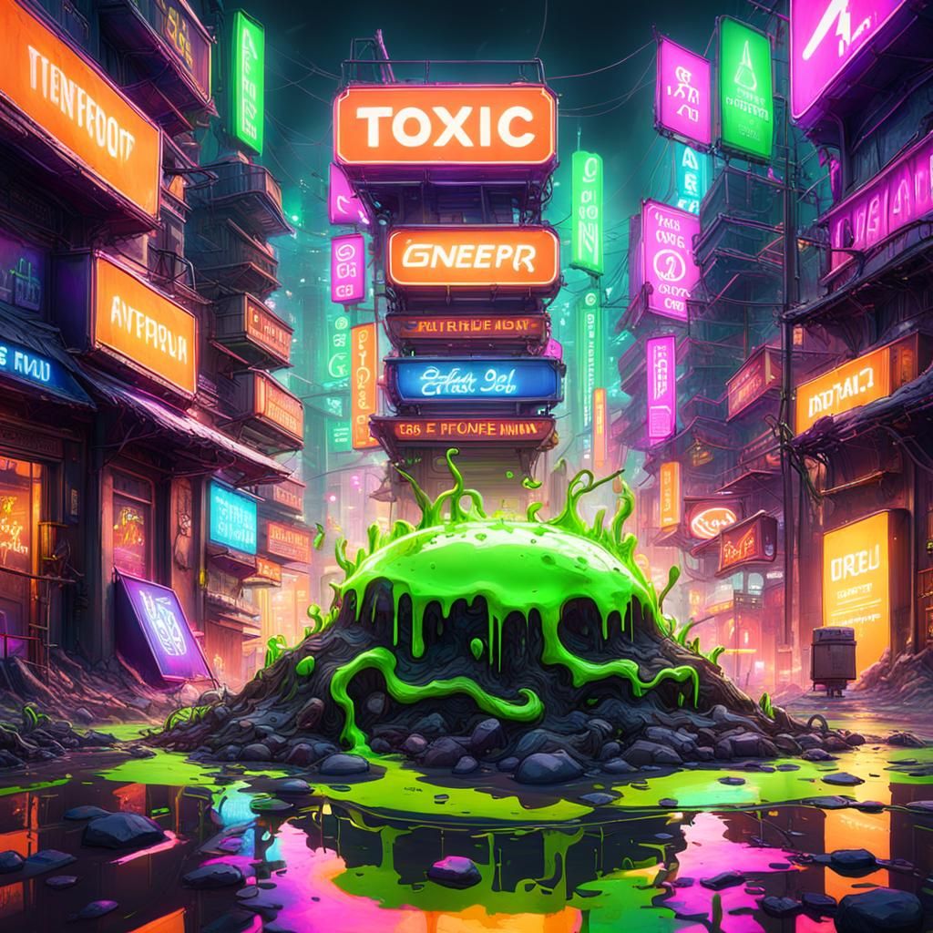 Neon City with Toxic Slime: Detailed Matte Painting
