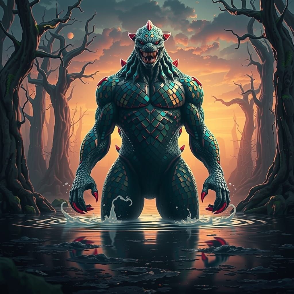 Glowing Mosaic Monster Emerges from Dark Lake