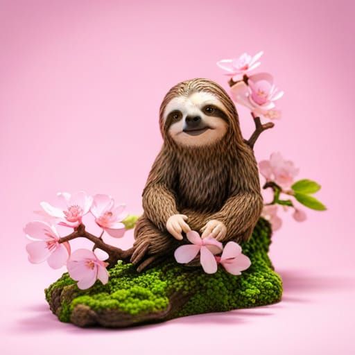 CGI Pink Sloth Diorama with Cherry Blossoms
