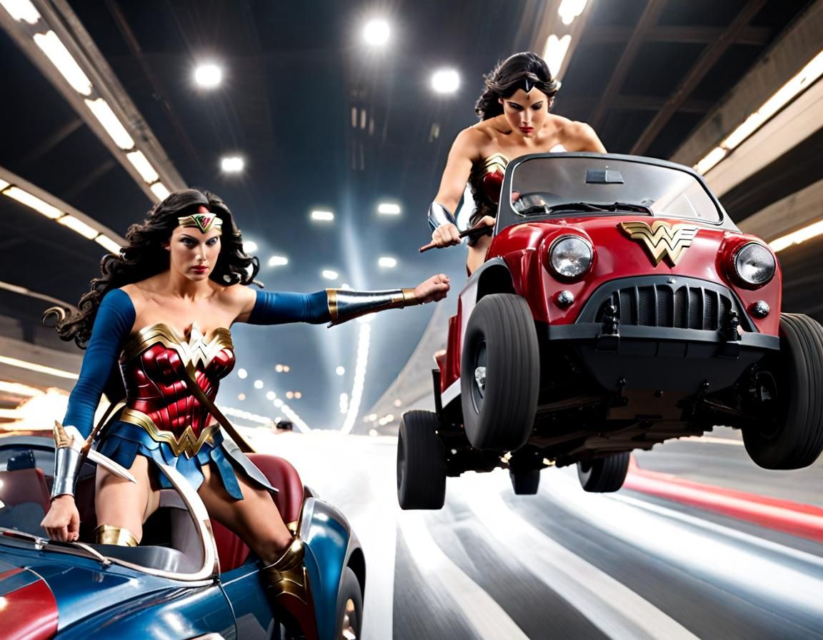 Wonder Woman and sister take amusement park bumper cars off track during their vacation at Six Flags.