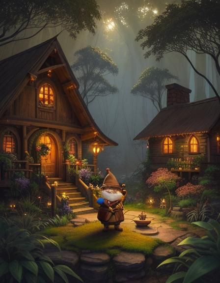 Gnome by Cottage in Matte Oil Painting
