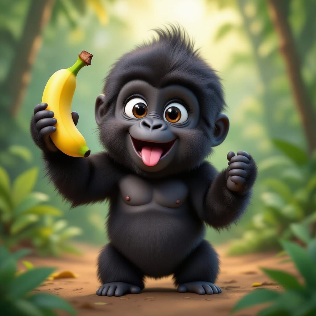 Adorable Fluffy Baby Gorilla with Banana - Pixar Style