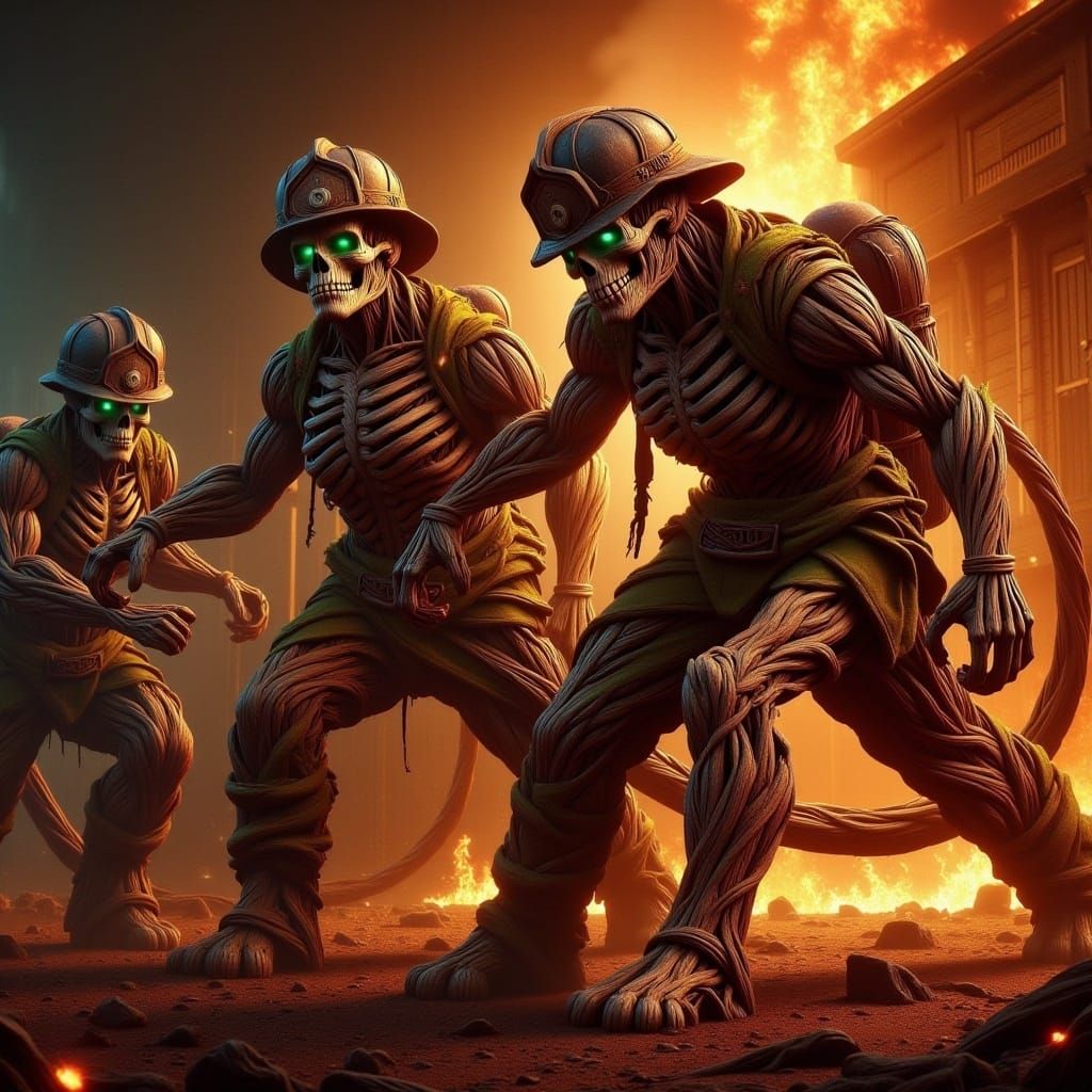 Skeleton Firefighters Fight Fire in Comic Book Style