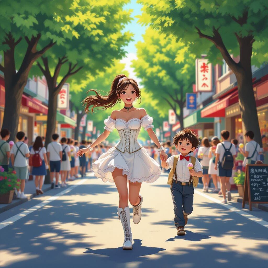 Vibrant Japanese Street Scene with Joyful University Girl