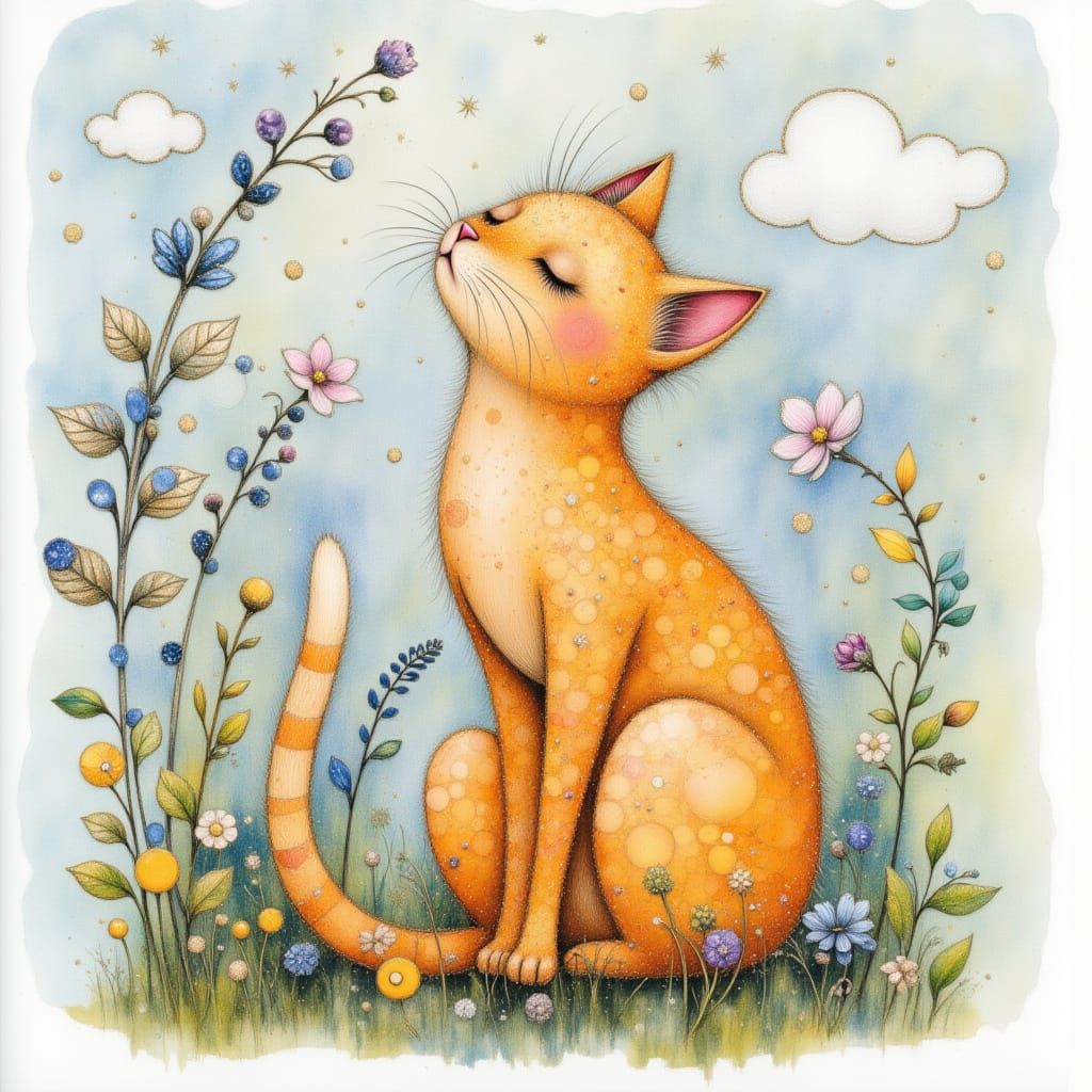 Dreamlike Orange Cat in Whimsical Watercolor Style