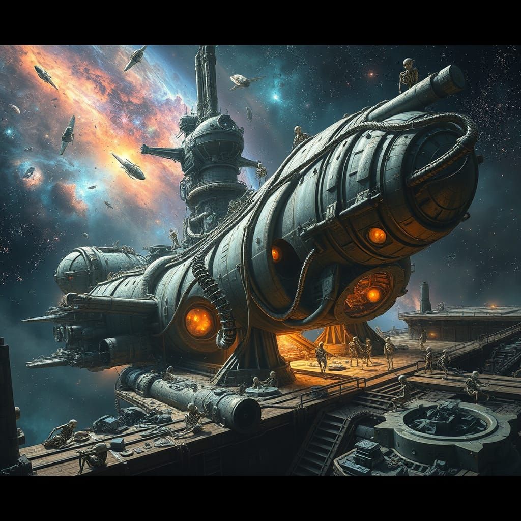 Epic Space Station with Ghostly Skeletons in Cosmic Wastelan...