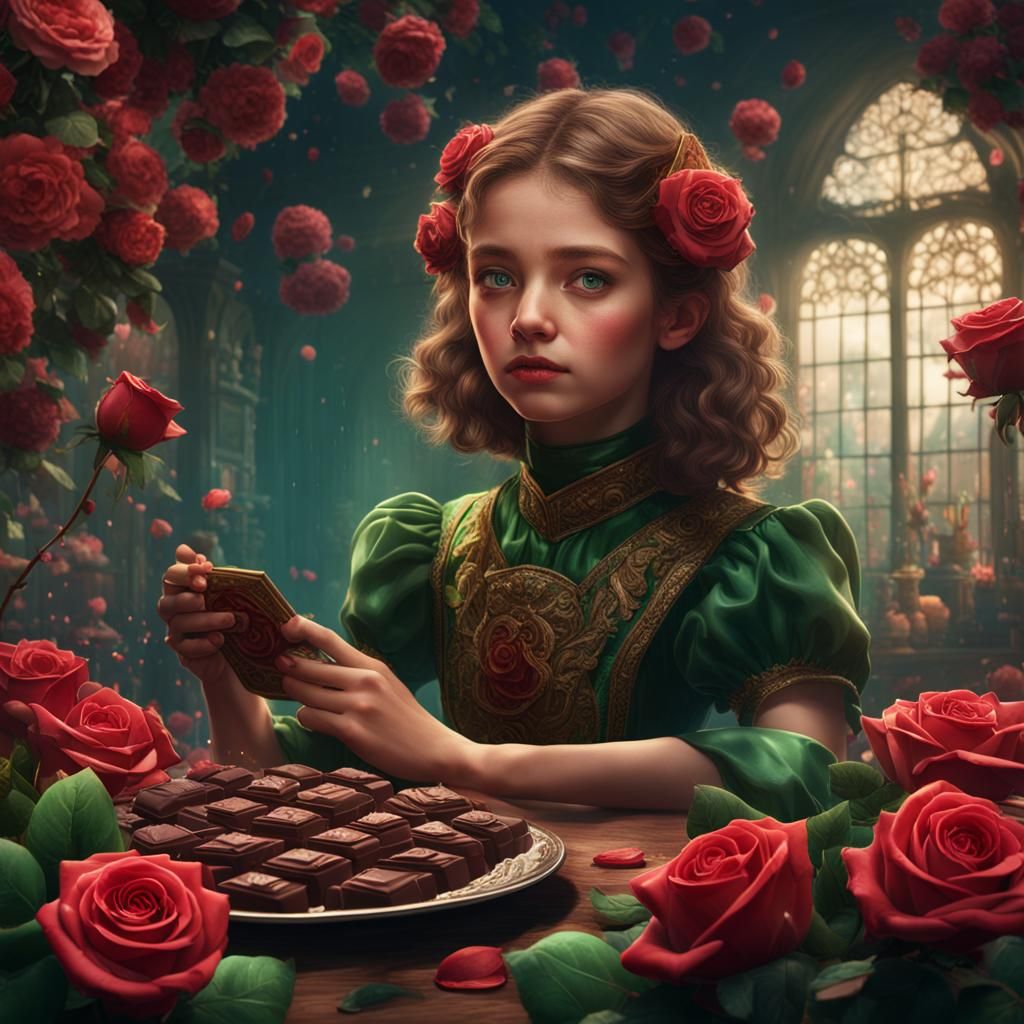 Chocolates, Roses, and a Girl in Detailed Painting