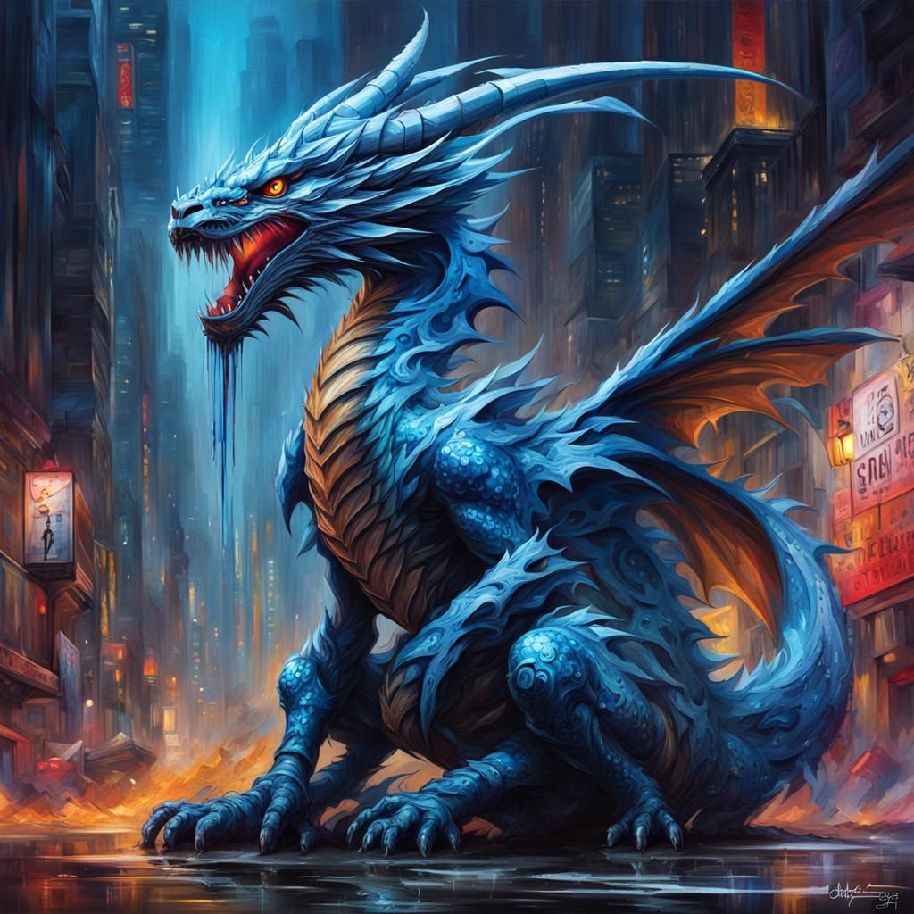 Blue Dragonkin Graffiti Art With Futuristic Weapons