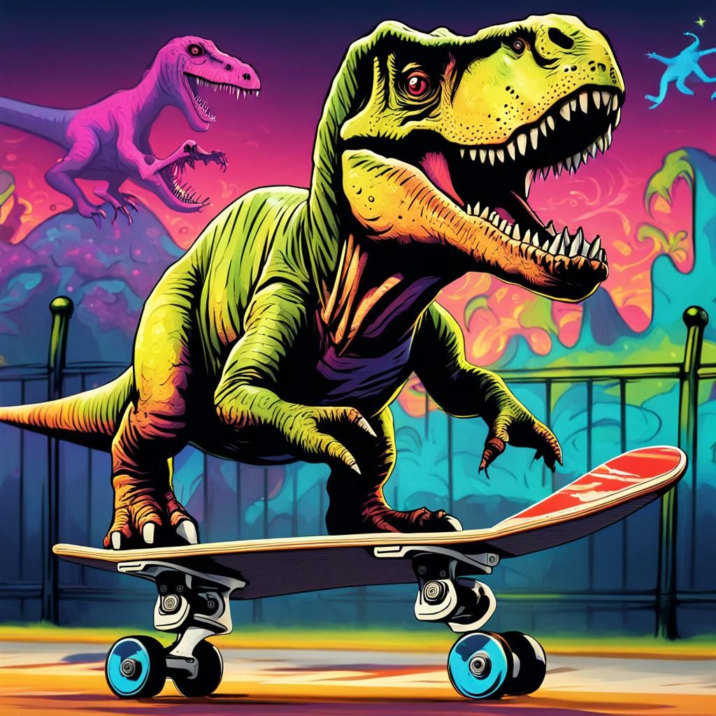 Thrilling Dinosaur Skateboarding Scene in Vibrant Graffiti S...