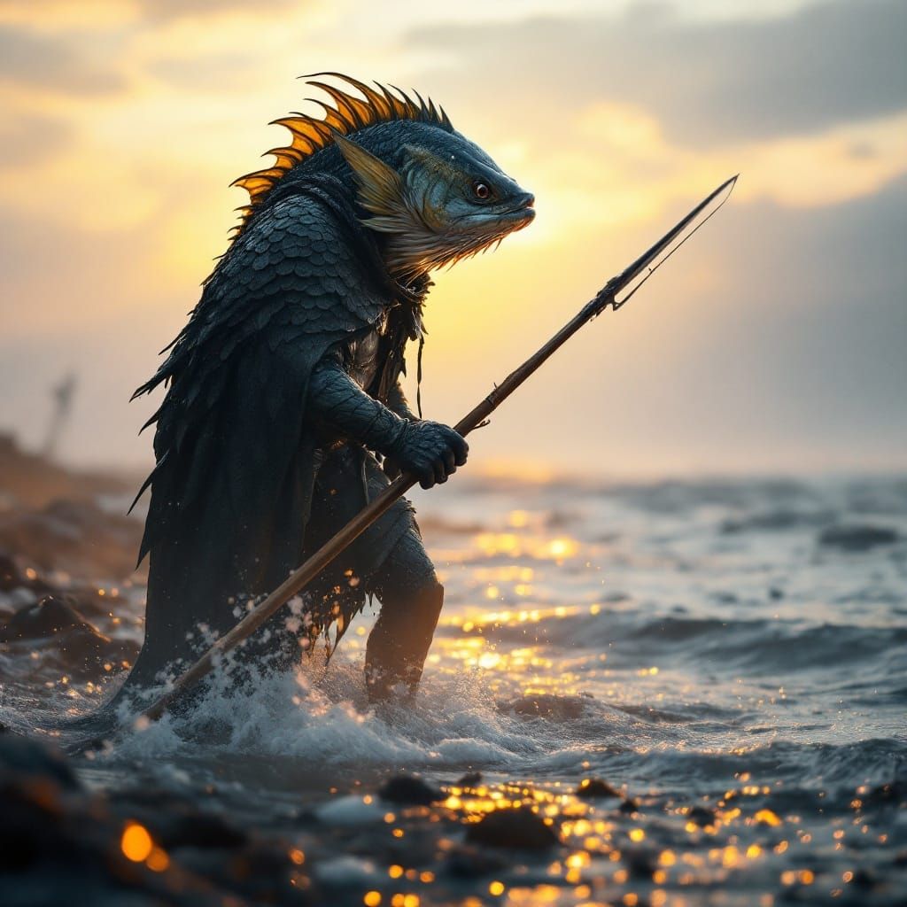 Mystical Fish Harpooner in Sunset Glow