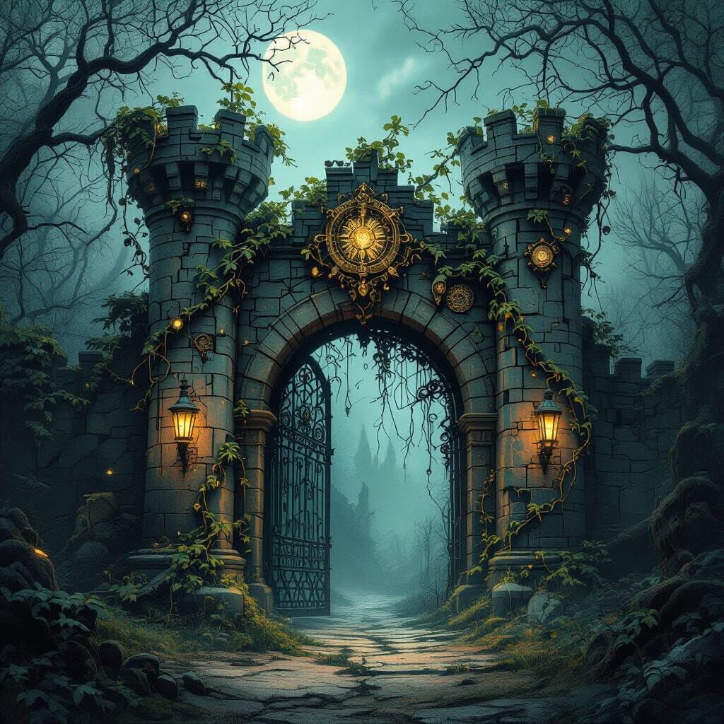 Ancient Castle Gate with Ethereal Vines & Steampunk Gears