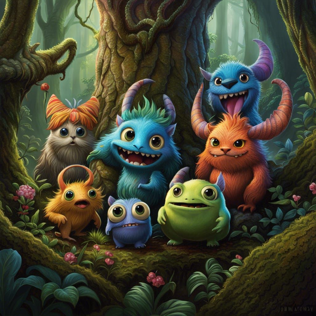 Cute Monsters in Enchanted Forest Portrait