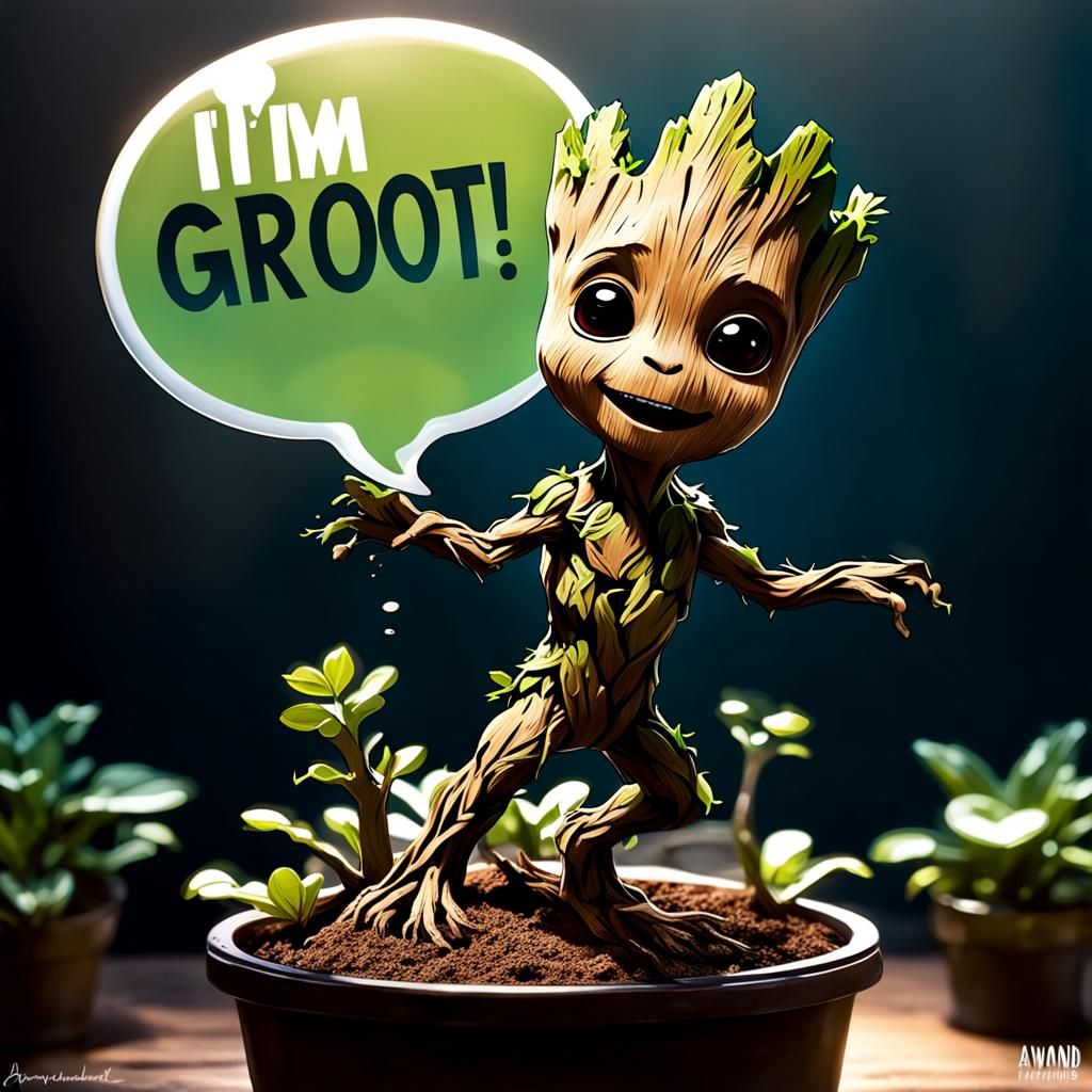 Dancing Baby Groot with Speech Bubble, Photorealistic