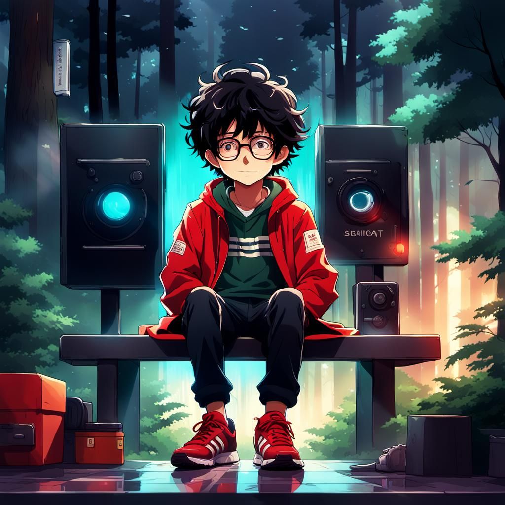 Anime Style Man in Red Raincoat in Forest